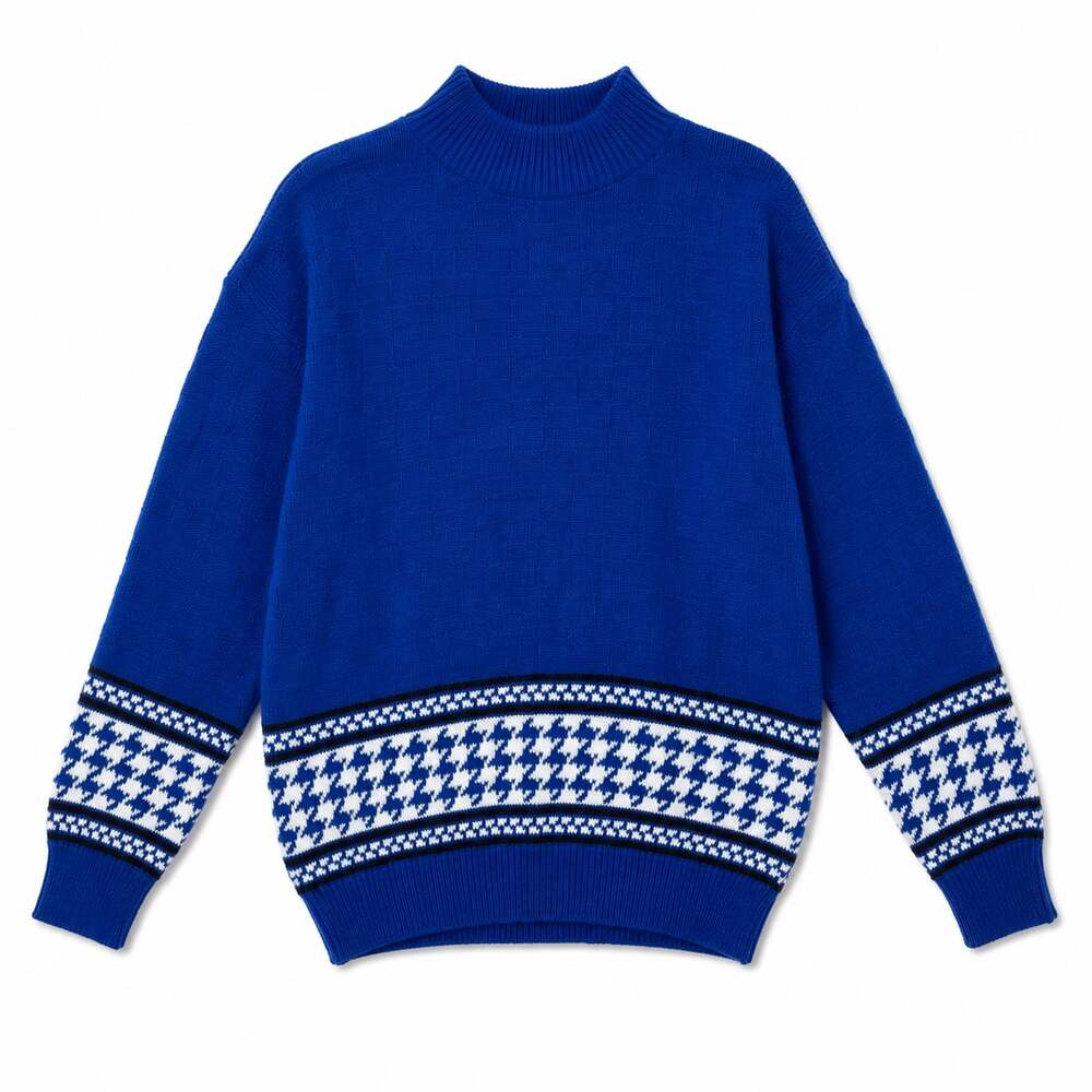 Vintage American Pride Mock Neck Sweater Blue with Houndstooth Detail